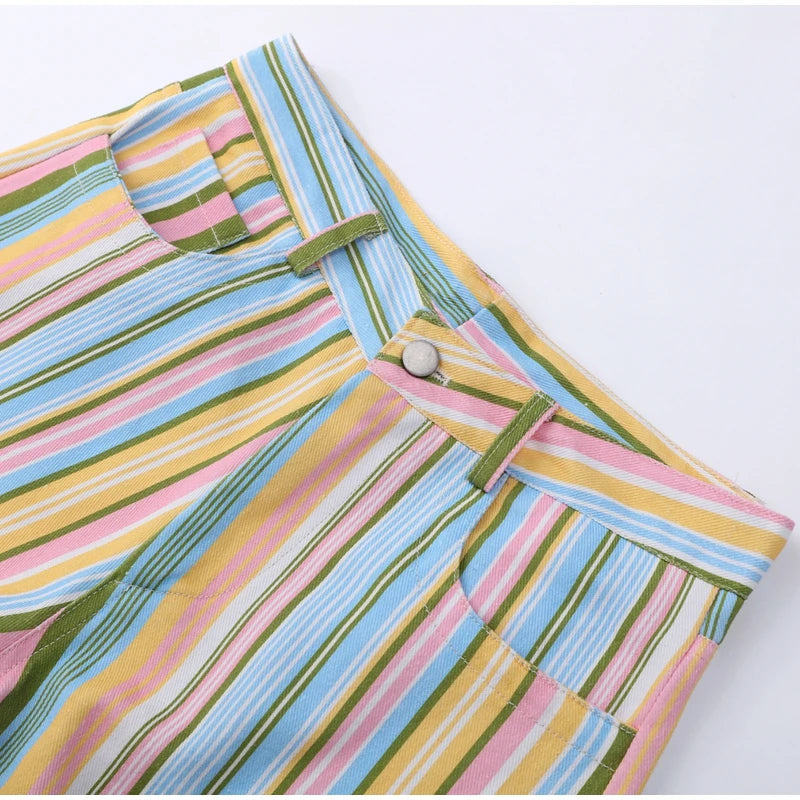Street Striped Jeans Women's High-Waist Pockets Wide-Leg Trouser 2026 Spring Summer Retro Multicolor Vertical Stripe Denim Pant