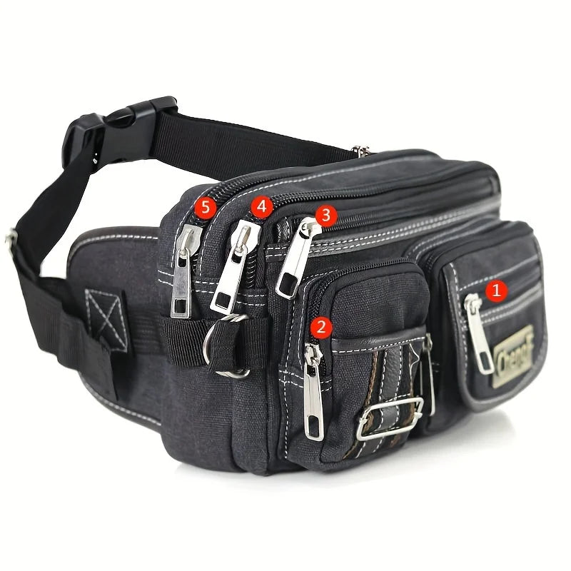 Fashionable Multi Layer Zipper Waist Bag Fanny Pack, Canvas Retro Basic Chest Crossbody Bag Men's Sports Running Phone Pocket