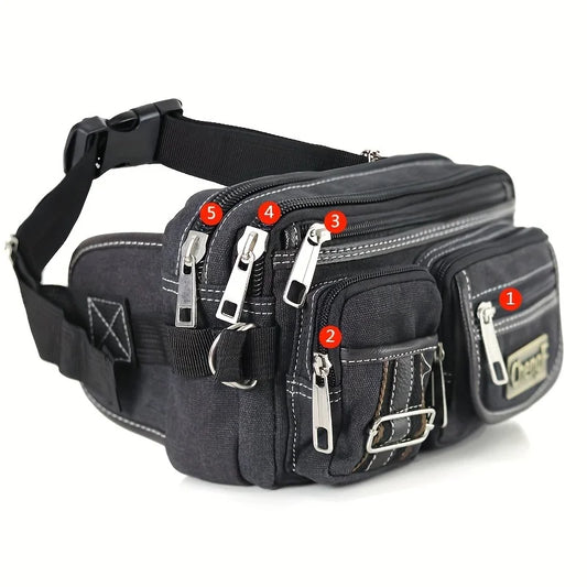 Fashionable Multi Layer Zipper Waist Bag Fanny Pack, Canvas Retro Basic Chest Crossbody Bag Men's Sports Running Phone Pocket