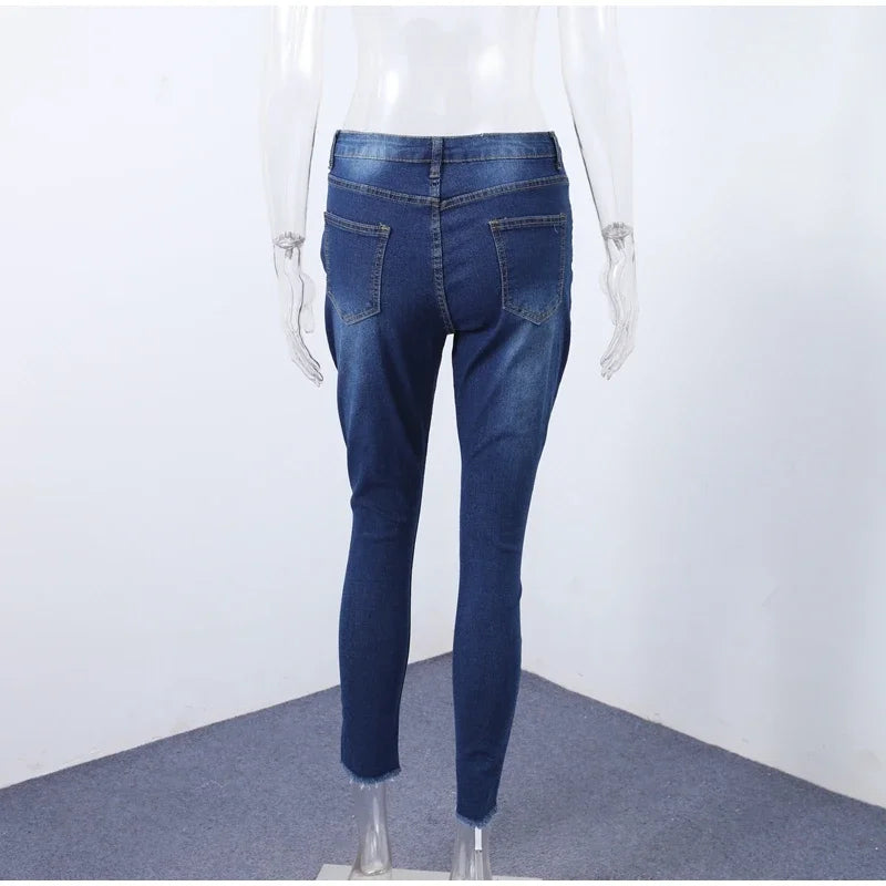 Women Ripped Jeans Low Waist Skinny Denim With Zipper Pockets Blue Y2K Summer