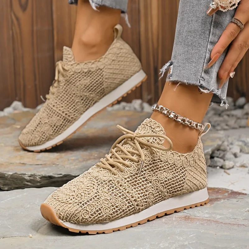 2026 Brown Knit Breathable Womens Sneakers Shoes New Platform Flats Woman Plus Size 43 Non Slip Casual Shoes Mesh Tenis De Mujer