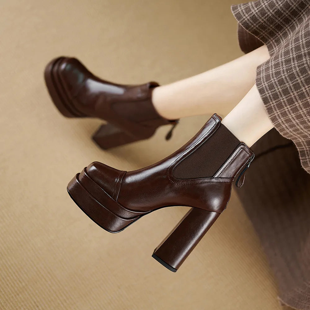 Aucegi Women Genuine Leather Back Zipper Ankle Boots Fashion Square Toe Platform Thick High Heels Party All Match Casual Shoes