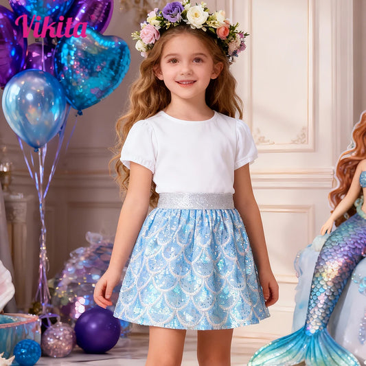 Kids Sequined Appliqued Skirt Girls Light Blue Mermaid Scale Scallop Design Elastic Waistband Dress Up Princess Stage Skirt Gift
