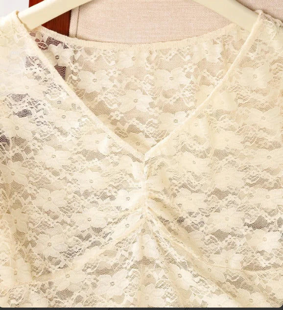 Summer European and American style sexy lace shirt short sleeved beach top for women
