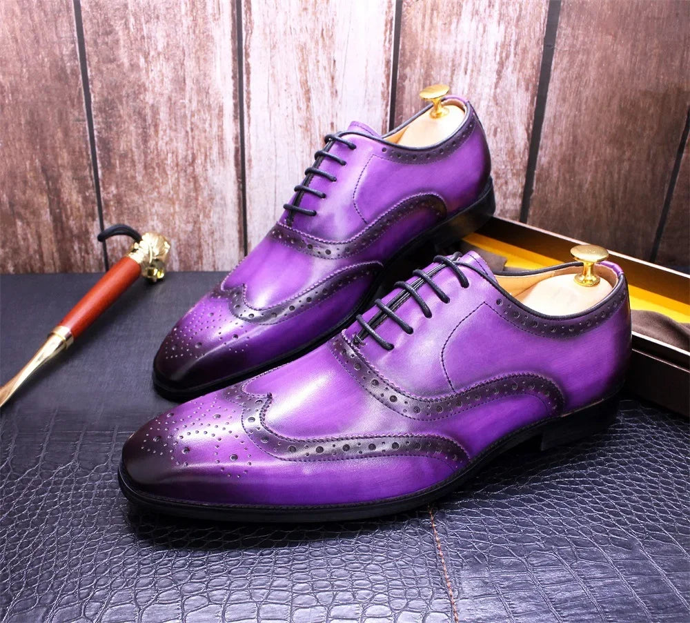 Noble Purple Handmade Mens Brogue Carved Leather Shoes Genuine Leather Men's Dress Shoes Classic Business Formal Shoes for Men