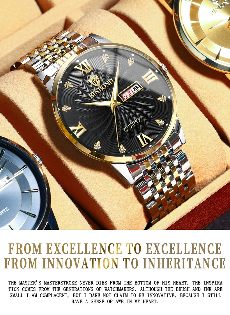 BINBOND Quartz Watches for Men Luxury Luminous Waterproof Precise Auto Date Week Display Men's Watch Casual Sturdy Reloj