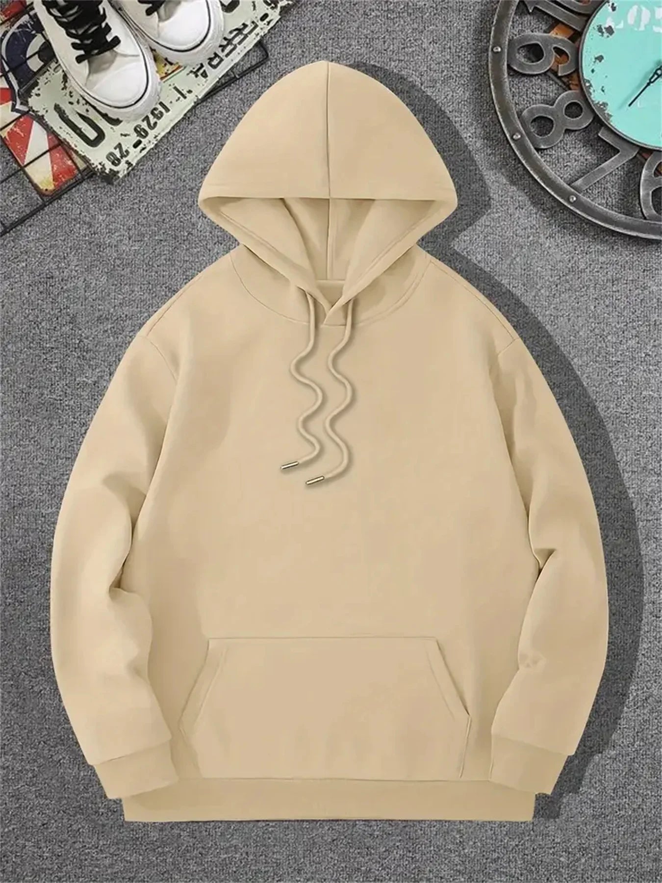 Men's autumn and winter casual fashion loose geometric print long sleeved hooded sweatshirt warm pullover BAZAARHUBO
