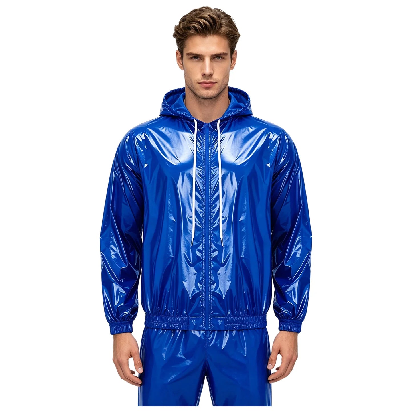 Men Shiny Glossy Hooded Jacket Windbreaker Raincoat for Hiking Fishing Biking Long Sleeve Front Zip-up Drawstring Hood Outerwear