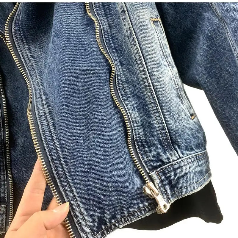 American Style Retro Jacket Men's New Design Zipper Denim Jacket Blue Washed Stand Collar 2024 Spring men padded Y2K Outwear