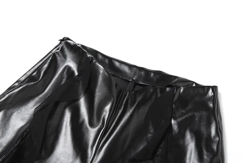 Punk Style PU Leather Pants Gothic Black Lace-paneled Trouser Sexy High-waisted Slim Flared Pants 2026 Summer Women's Clothing