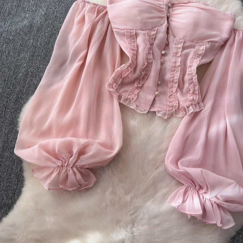 Chiffon Blouse for Women Slash Neck Off Shoulder Solid Color Camisas Ruffles Folds Backless Summer Blusas De Mujer Chic Dropship