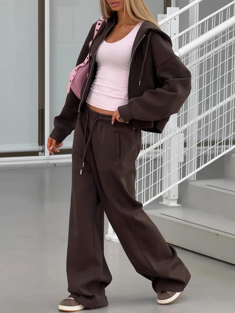 Women Tracksuit Hoodies and Trousers Two Piece Set Casual Zipper Sweatshirt Solid Color Drawstring Sports Pants Workout Sets