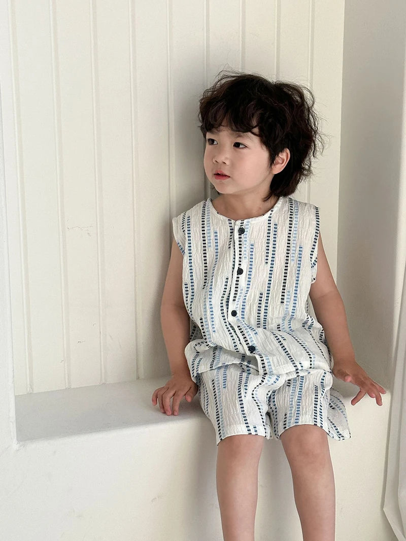 Summer Children's Vest Set Girls Lace Top Suit Kids Embroidered Striped Tank Top and Shorts 2Pcs Boys Casual Suit Sibling Outfit