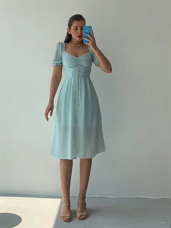 2024 Summer Fashion Summer Skirt Holiday Style Sexy Women's Dress V-neck Single Breasted Shrugged Mid Length Dress