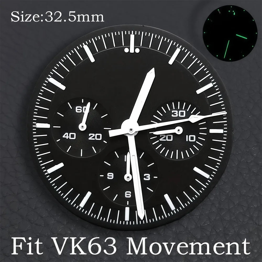 32.5MM Dial Fit VK63 Movement Green Luminous Dial Hands Men's Watches Part VK63 Watch Accessories Maintenance Tools