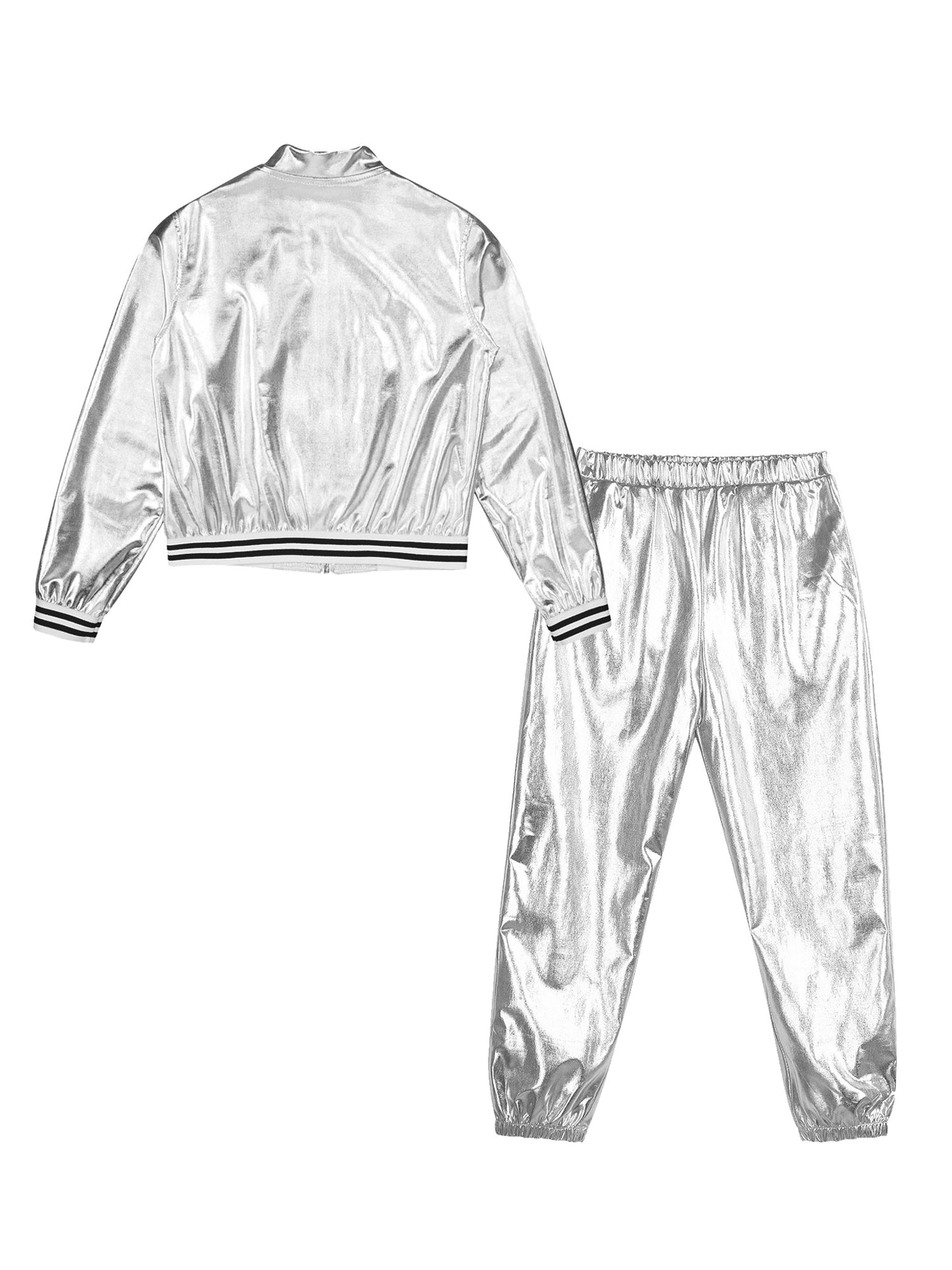 Kids Girls Sports Outfits Jazz Hip Hop Street Dance Costume Shiny Metallic Long Sleeves Bomber Jacket Coat with Pants Streetwear