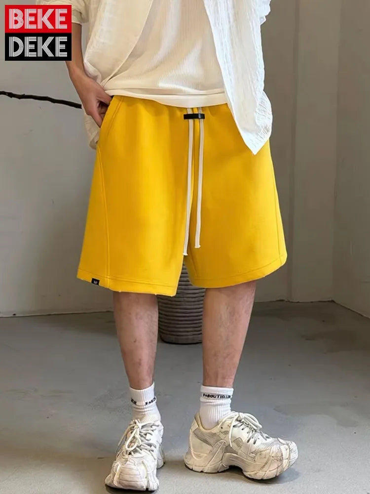 Mens Summer Casual Shorts Loose Fit Elastic Waist Drawstring Streetwear Sweatpants Hip Hop Shorts Knee Length Straight Trousers