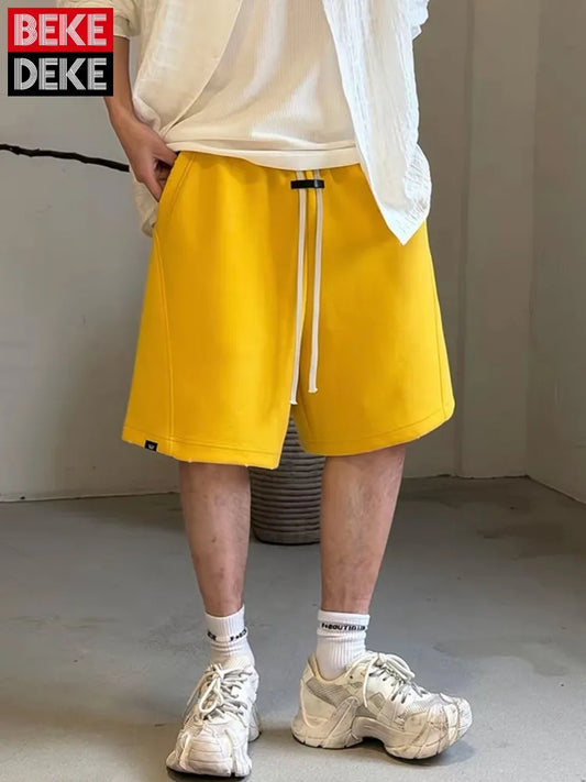 Mens Summer Casual Shorts Loose Fit Elastic Waist Drawstring Streetwear Sweatpants Hip Hop Shorts Knee Length Straight Trousers