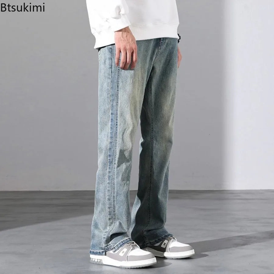 2026 New Mens Fashion Retro High Street Jeans Spring Summer Loose Casual Straight Leg Micro Flared Long Trousers Male Streetwear