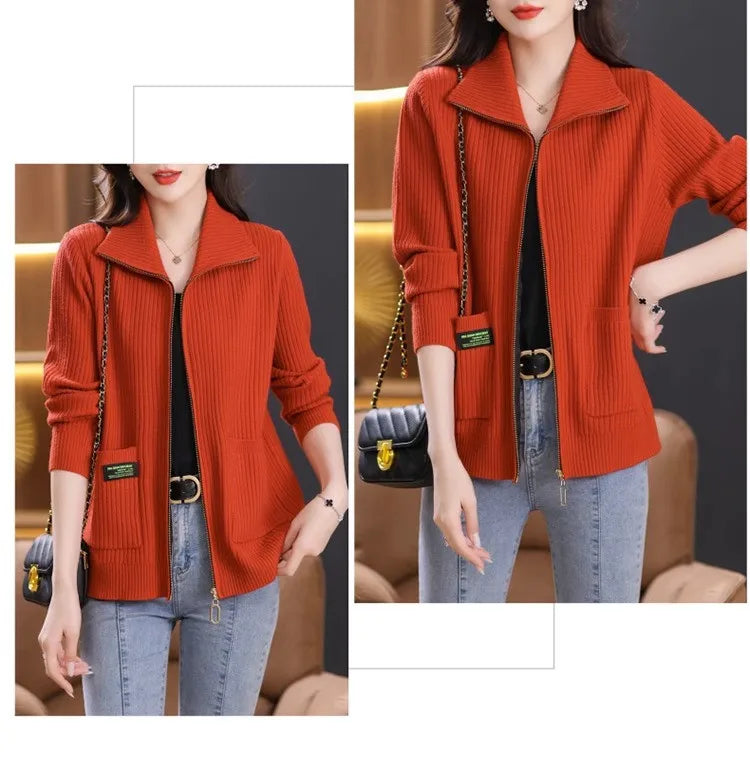 Knitted Cardigan Jacket Women Zipper Lapel Sweater Autumn Winter Outerwear