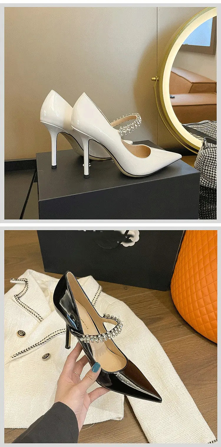 Spring 2025 New French Rhinestone Pointed White High Heels Temperament Patent Leather Shoes Women Wedding Pumps