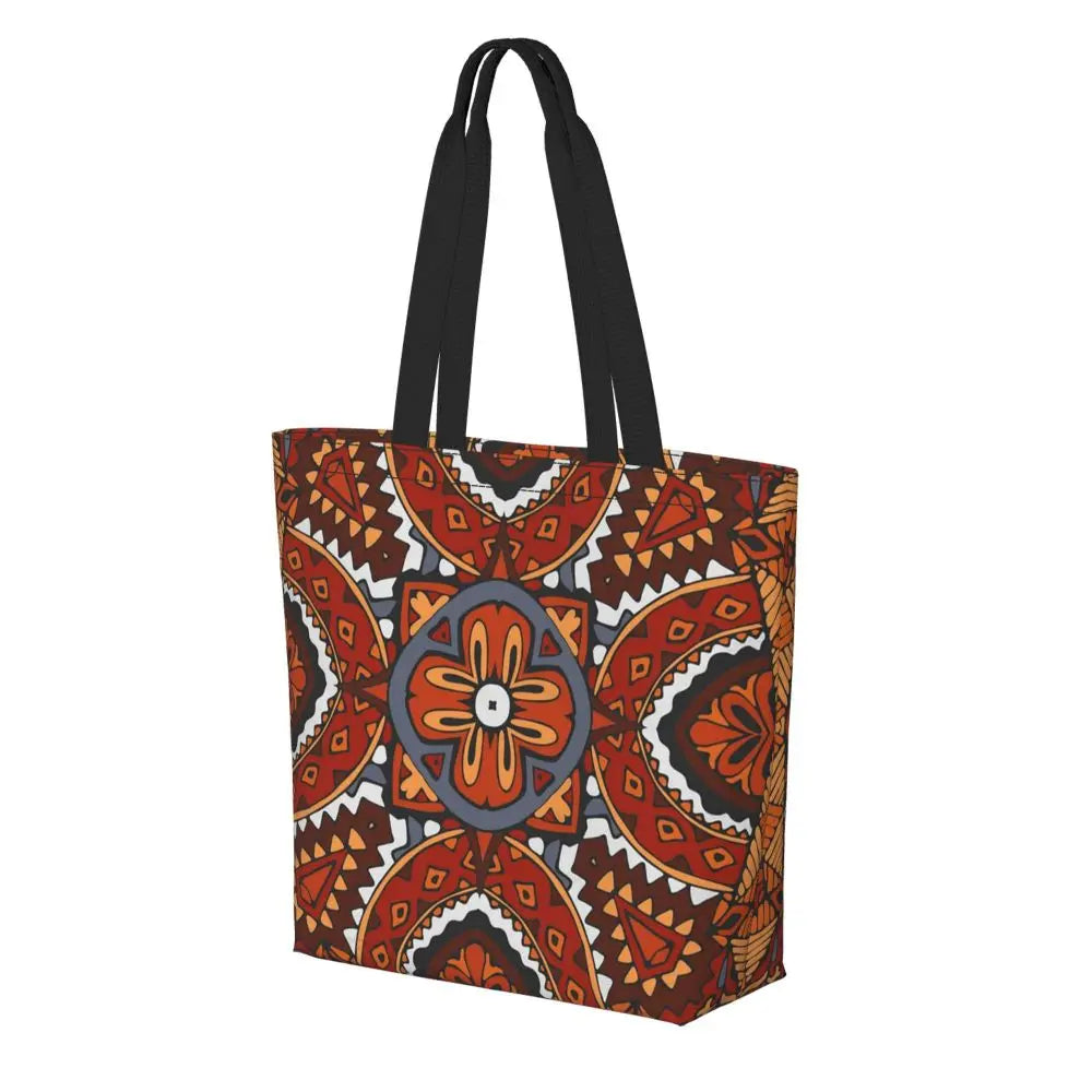 African Ankara Prints Grocery Shopping Tote Bags Women Geometric Ethnic Art Canvas Shoulder Shopper Bags Big Capacity Handbag