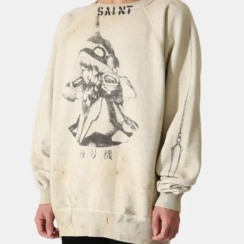 Real Photo Portrait Graffiti Print Saint Hoodie Wash Do Old Destroy Loose Pullover Casual Women Men Sweatshirt