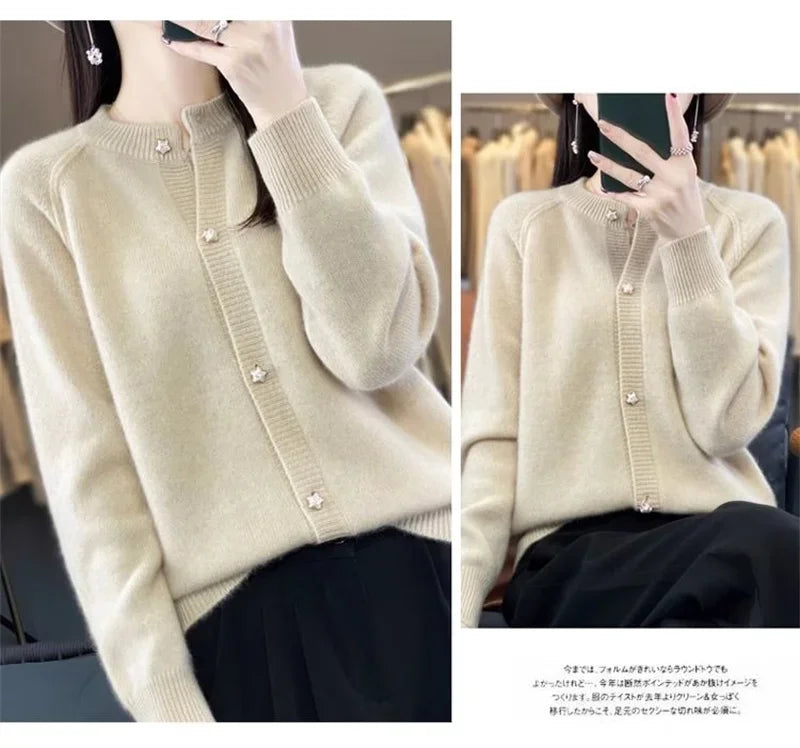 New Women Cardigan Sweater Autumn/Winter Round Neck Star Button Solid Knit Bottoming Shirt Jacket Quality Knitwear Female Tops