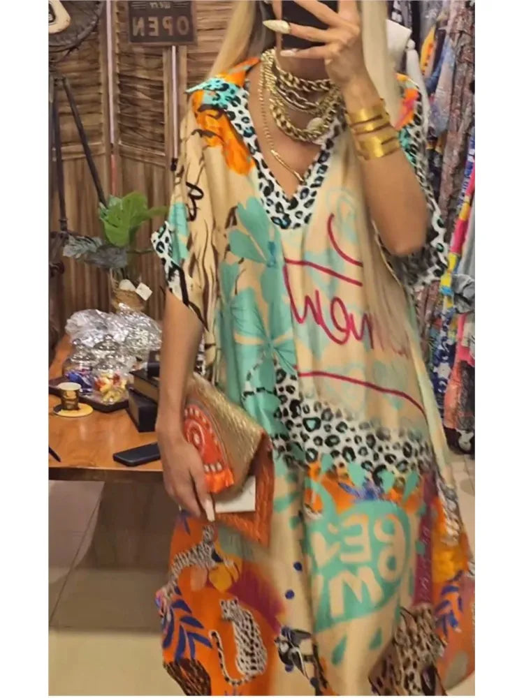 Leopard Print Shirt Dress Women Loose V Neck Summer Mid Calf Polyester