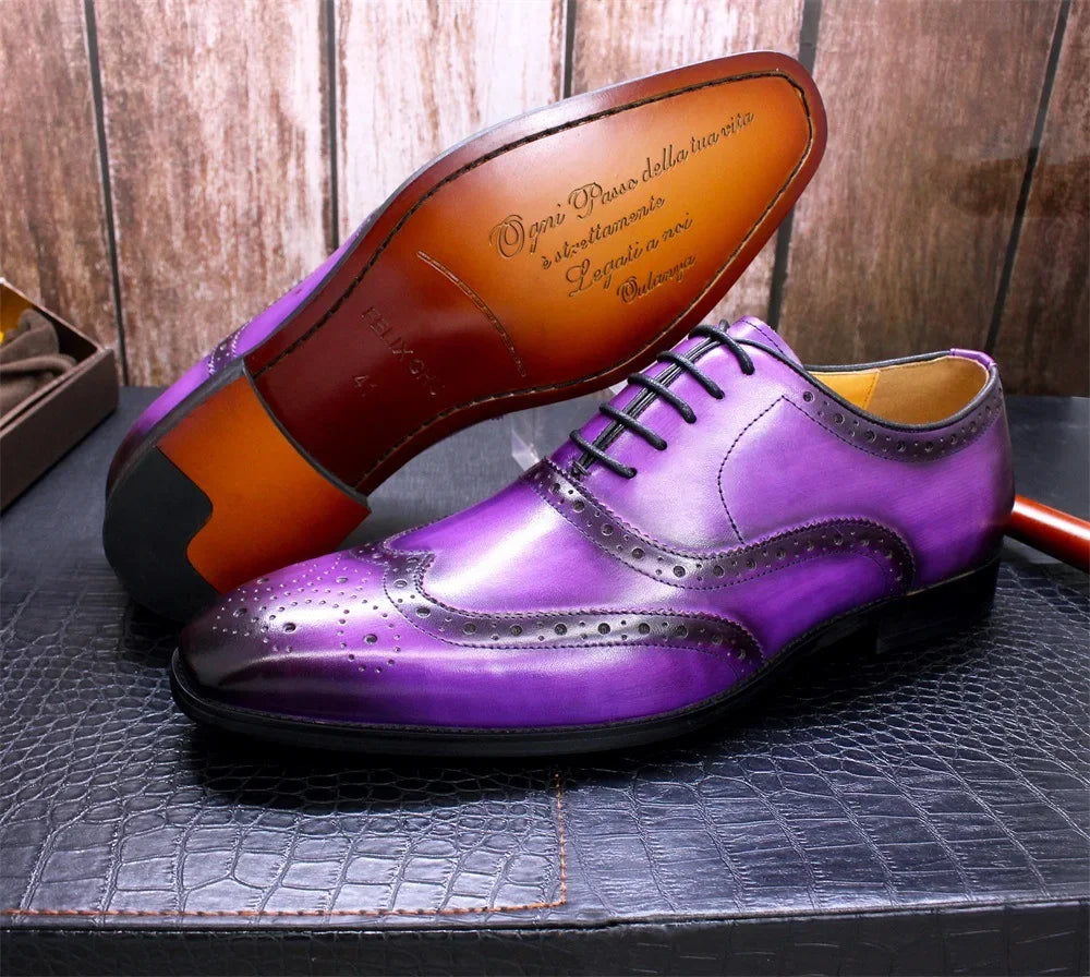 Noble Purple Handmade Mens Brogue Carved Leather Shoes Genuine Leather Men's Dress Shoes Classic Business Formal Shoes for Men