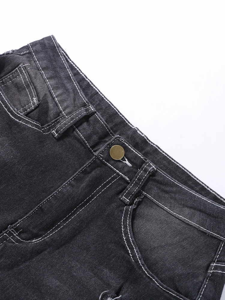 Women Ripped Jeans Low Waist Skinny Denim With Zipper Pockets Blue Y2K Summer