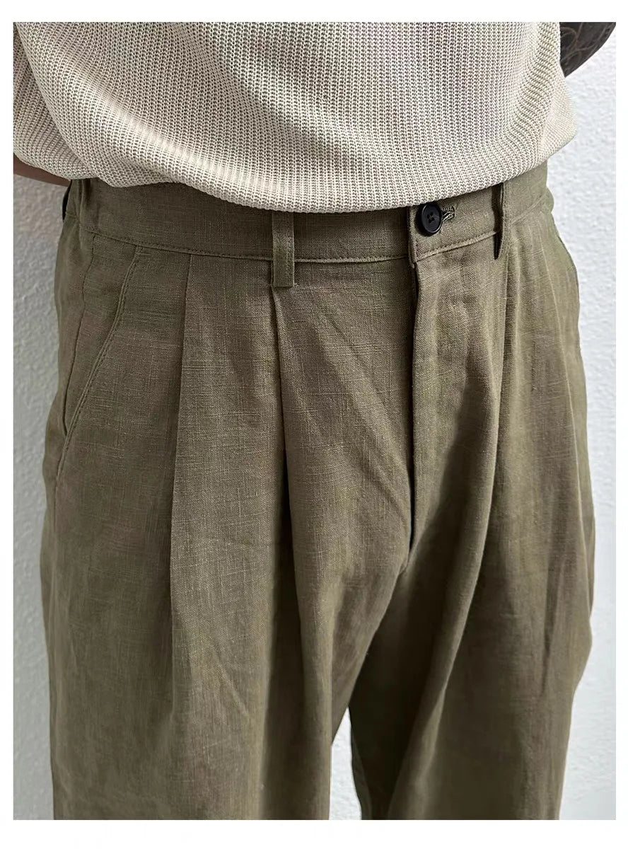 New Men's Cotton Linen Workwear Trousers Draped Wide Leg Pants Light Luxury Leisure Solid Straight Trousers Premium Sweatpants