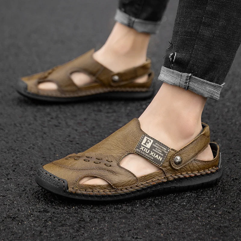 Men Soft Leather Sandals Breathable Comfort Daily Beach Big Size 45 46 Outdoor Slippers Open Toe Non-Slip Casual Summer Footwear