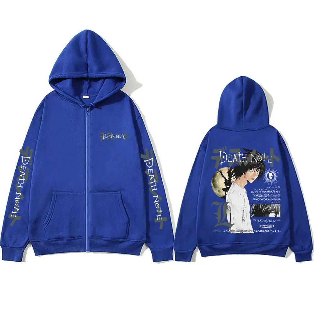 Anime Death Note L Lawliet Graphic Zipper Hoodie Men Women Casual Oversized Cotton Zip Up Jacket Male Vintage Zip Up Sweatshirt BAZAARHUBO