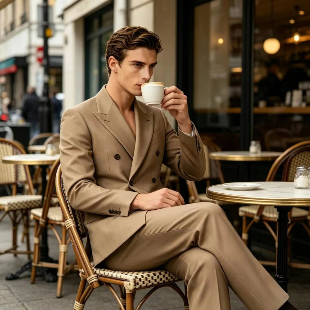 Men Double Breasted Suits For Wedding High Quality Slim Fit 2 Pieces Set Elegant Jackets Pants Blazers Fashion Classic Formal