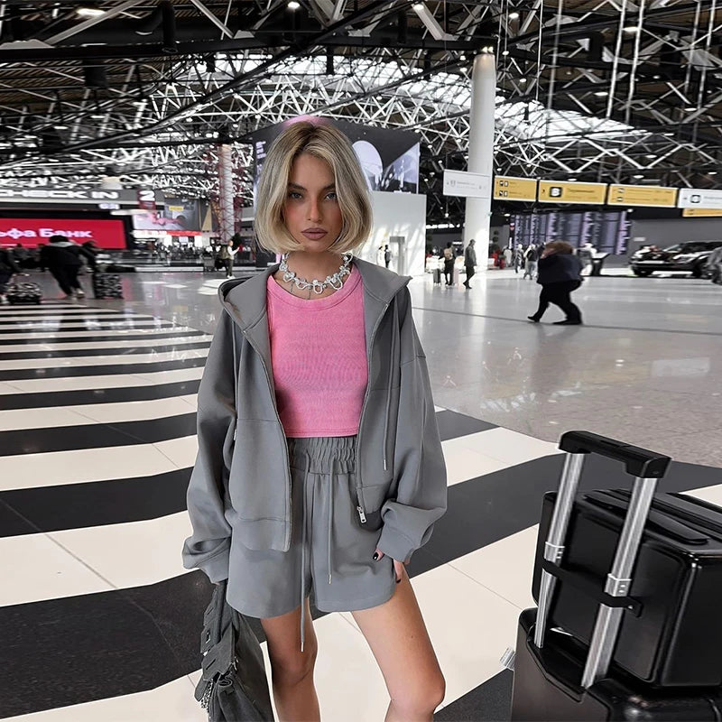 Fashion Women's Hoodie Shorts Pants Long Sleeve Pocket Lace Up Short Pants Lady Set 2025 Summer Autumn Casual 2 Piece Set Women