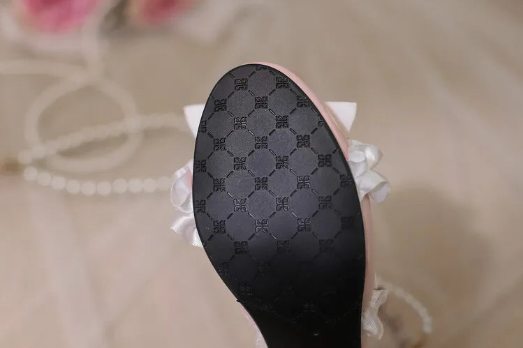 Ochanmeb Sweet Kawaii Girls Lolita Shoes Thick High Heels Cosplay Pumps Bow Knot Pearls Chain Ruffles Lovely Wedding Party Pumps