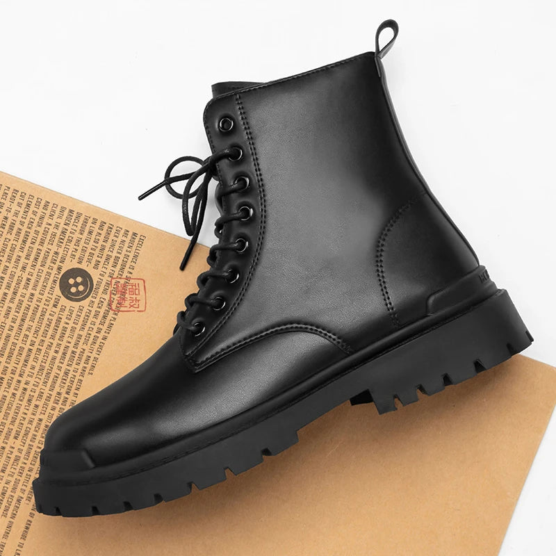 Leather Black Men's Biker Boot Fashion YoungWaterproof Trendy Boots Man Autumn Winter High Top ClassicBasic Shoe