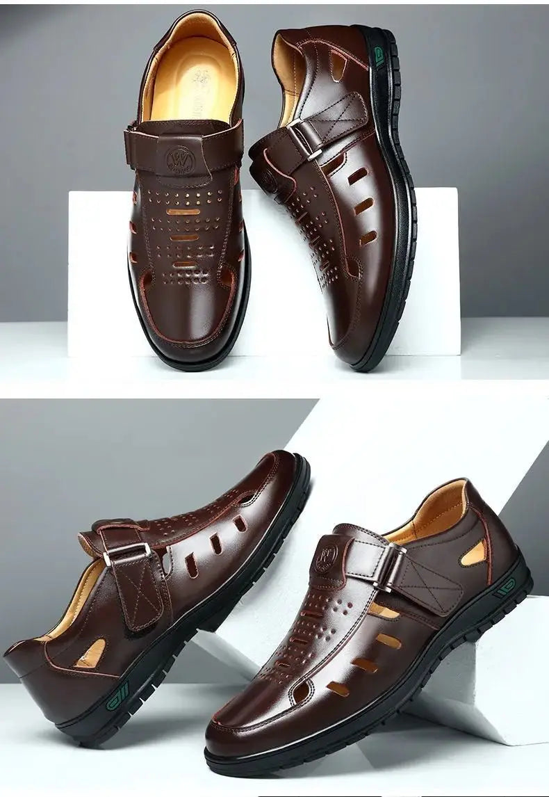 Sandals Summer Men Cozy Hollow Non-slip Soft Cool Lighted Breathable All-match Classic Wearable Fashion Casual Leather Sandals
