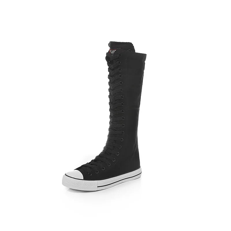 New Women's Canvas Boots Zip Shoes Comfortable Womens Shoes Flat High-top Female Sneakers Lace-up Knee-high Boots Bota Feminina