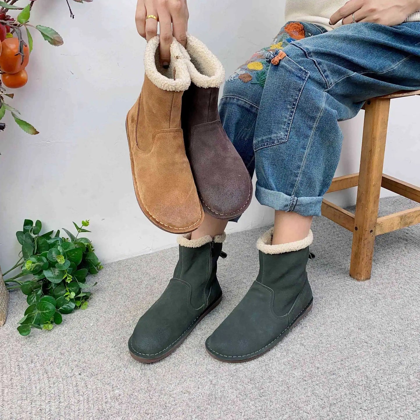 Careaymade-Genuine cow leather Snow cotton round head flats woolen short boots plush warm snow boots Oversized shoes size 35-43