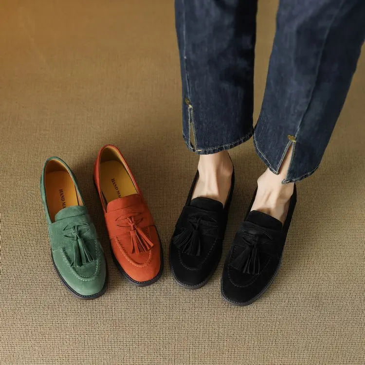 Women's loafers leather shoes Spring New Products Genuine leather sheepskin Nubuck Leather Black/Green/Orange Tassel decoration