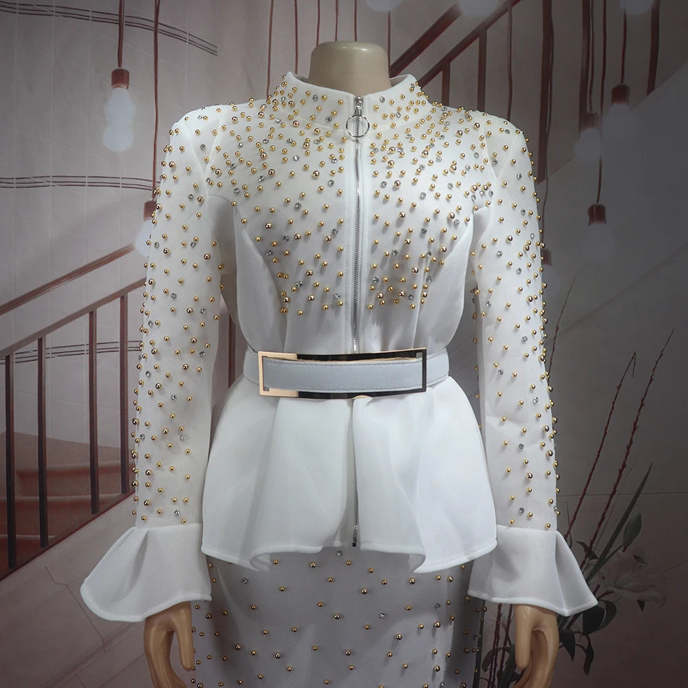Fashion Suit African Dresses for Woman Rhinestone Turkey Dresses for Women Luxury High Quality Mesh Fabric African Beaded Dress