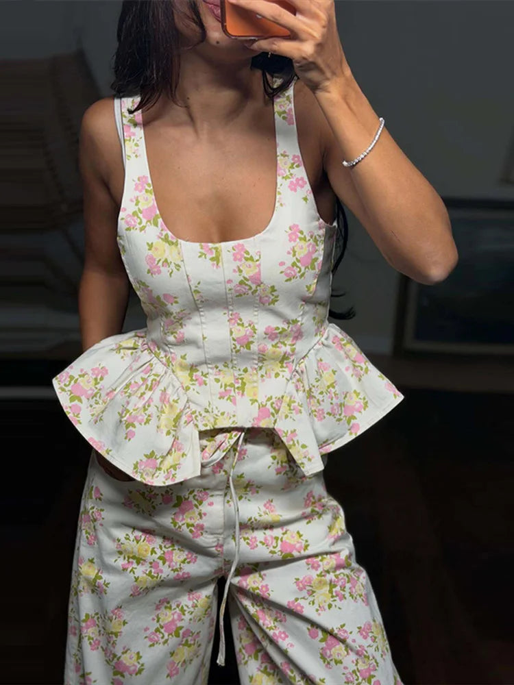 Floral Printed Women Long Pants Set Elegant Sleeveless Backless Vest Wide Leg Trousers Chic Holiday Vacation Lady Summer Outfits