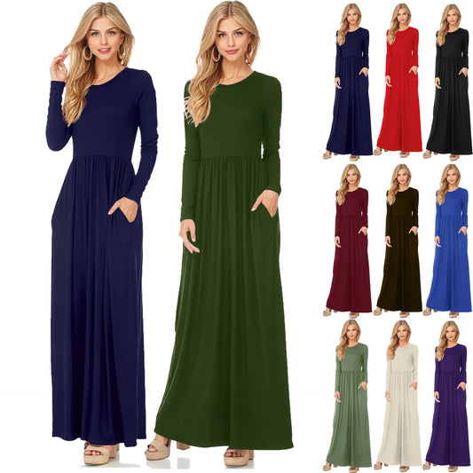 Women's Maxi Dress Summer Casual Solid adies Long Sleeve Pocket Floor Length Dress Fashion O Neck Female Long Skirts Street Wear
