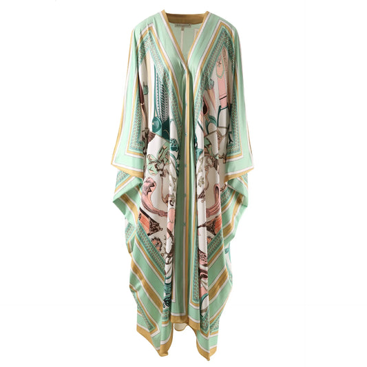 Kaftan Dress Floral Print Oversize Maxi | Luxury Designer Inspired Boho Chic Women Beachwear Summer Vacation Green High Quality