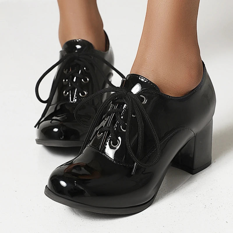 Women's Purple High Heels Loafer Shoes Fashion Lace-up Black White Block Heeled Party Wedding Office Shoes Female Big Size 45