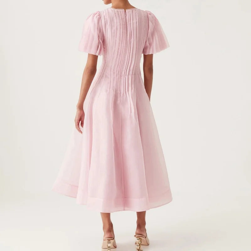 Summer 2025 Women's round NeckDouble Layer FabricHeavy Work Short Sleeve Dress Y2K High Quality Fashion High Street A-Line Skirt