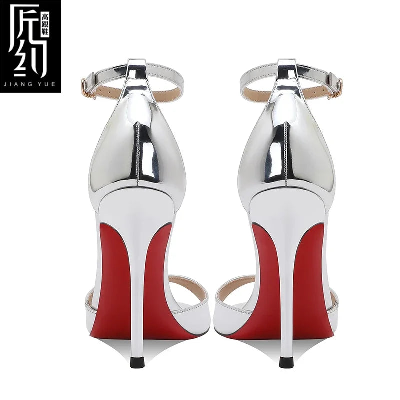Summer new nude high heels for women, slim heels, stunning princess style, one button sandals with skirt 33-46