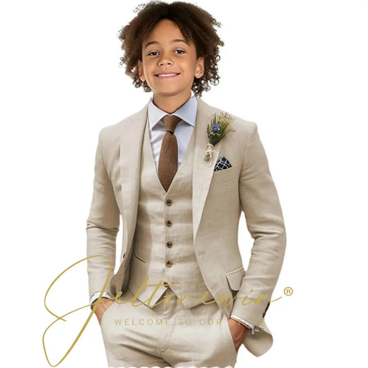 Casual Beige Linen Suits for Boy 3 Pieces Blazer Vest Pants Set Peaked Lapel Kids Suit Wedding Summer Beach Prom Party Tuxedo